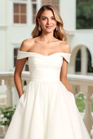 Load image into Gallery viewer, Ivory Organza A Line Off the Shoulder Sweep Train Wedding Dress