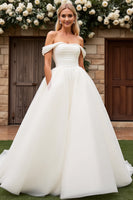 Load image into Gallery viewer, Ivory Tulle Off the Shoulder A Line Sweep Train Wedding Dress