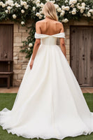 Load image into Gallery viewer, Ivory Tulle Off the Shoulder A Line Sweep Train Wedding Dress