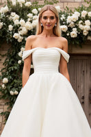 Load image into Gallery viewer, Ivory Tulle Off the Shoulder A Line Sweep Train Wedding Dress