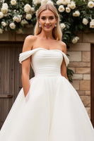 Load image into Gallery viewer, Ivory Tulle Off the Shoulder A Line Sweep Train Wedding Dress