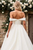 Load image into Gallery viewer, Ivory Tulle Off the Shoulder A Line Sweep Train Wedding Dress