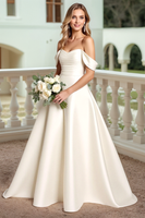 Load image into Gallery viewer, Ivory Satin Off the Shoulder Sweep Train Wedding Dress with Bow