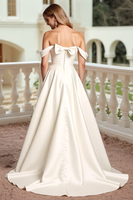 Load image into Gallery viewer, Ivory Satin Off the Shoulder Sweep Train Wedding Dress with Bow