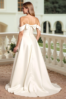 Load image into Gallery viewer, Ivory Satin Off the Shoulder Sweep Train Wedding Dress with Bow