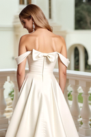 Load image into Gallery viewer, Ivory Satin Off the Shoulder Sweep Train Wedding Dress with Bow