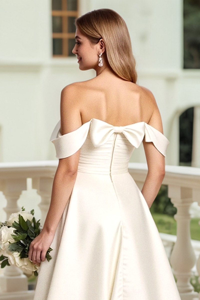 Load image into Gallery viewer, Ivory Satin Off the Shoulder Sweep Train Wedding Dress with Bow