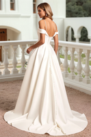 Load image into Gallery viewer, Ivory Satin Spaghetti Straps Sweep Train Wedding Dress