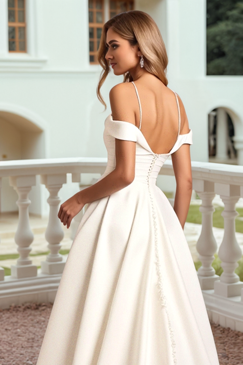 Load image into Gallery viewer, Ivory Satin Spaghetti Straps Sweep Train Wedding Dress