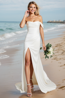 Load image into Gallery viewer, Ivory Satin One Shoulder Sweep Train Boho Wedding Dress with Slit