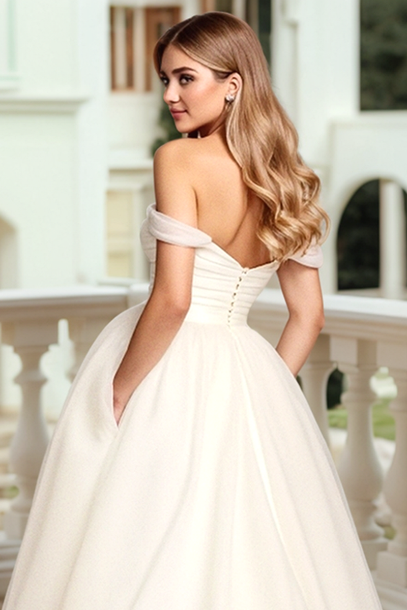 Load image into Gallery viewer, Simple Ivory Off the Shoulder Sweep Train Wedding Dress