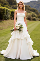 Load image into Gallery viewer, Ivory Chiffon Square Sweep Train Boho Wedding Dress