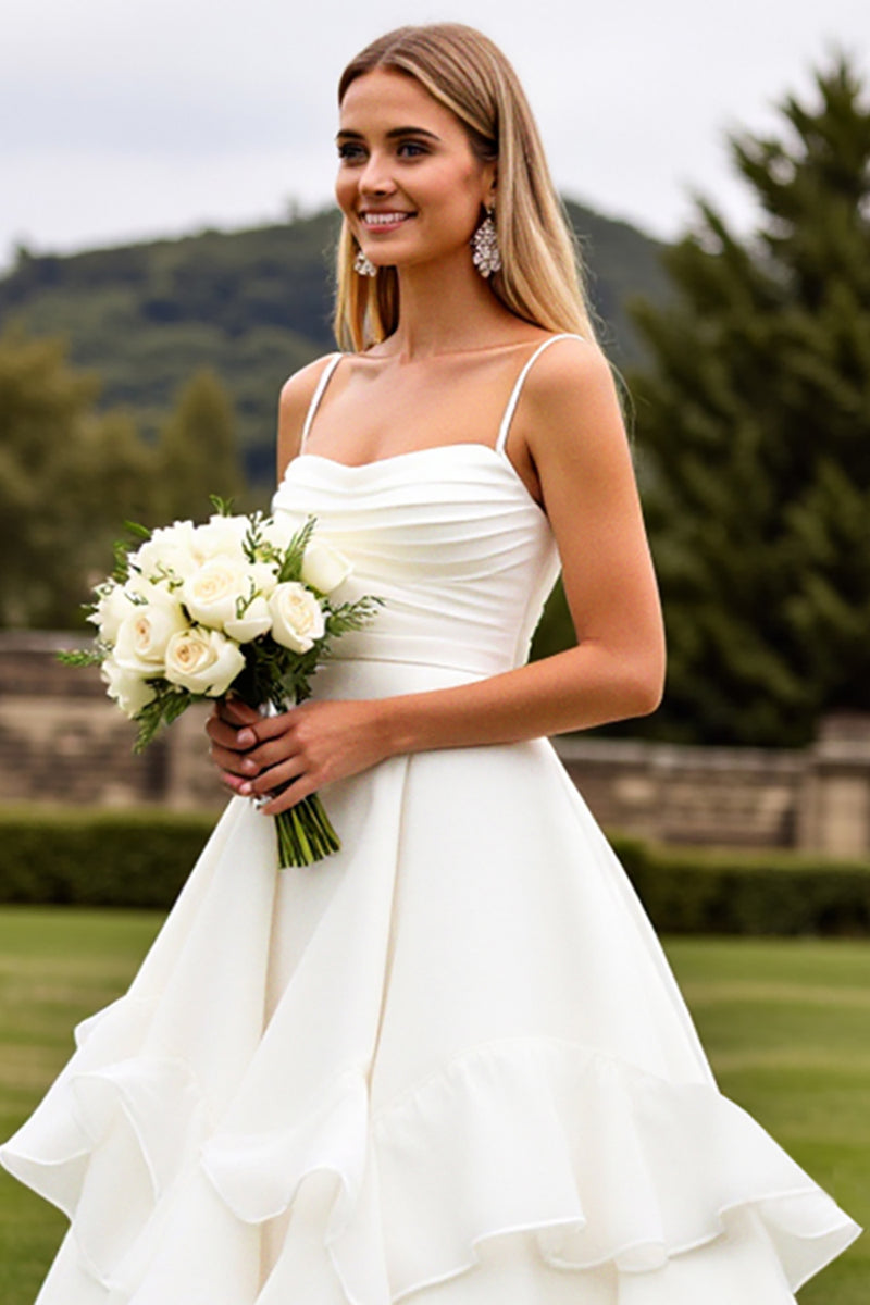 Load image into Gallery viewer, Ivory Chiffon Square Sweep Train Boho Wedding Dress with Ruffle
