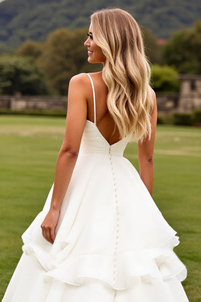 Load image into Gallery viewer, Ivory Chiffon Square Sweep Train Boho Wedding Dress with Ruffle