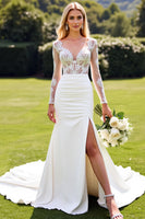Load image into Gallery viewer, Ivory Satin V Neck Sweep Train Wedding Dress with Lace