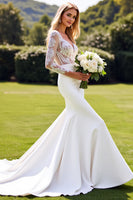 Load image into Gallery viewer, Ivory Satin V Neck Sweep Train Wedding Dress with Lace