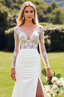 Load image into Gallery viewer, Ivory Satin V Neck Sweep Train Wedding Dress with Lace