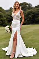 Load image into Gallery viewer, Ivory V Neck Sweep Satin Train Wedding Dress with Lace