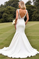 Load image into Gallery viewer, Ivory V Neck Sweep Satin Train Wedding Dress with Lace