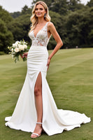 Load image into Gallery viewer, Ivory V Neck Sweep Satin Train Wedding Dress with Lace