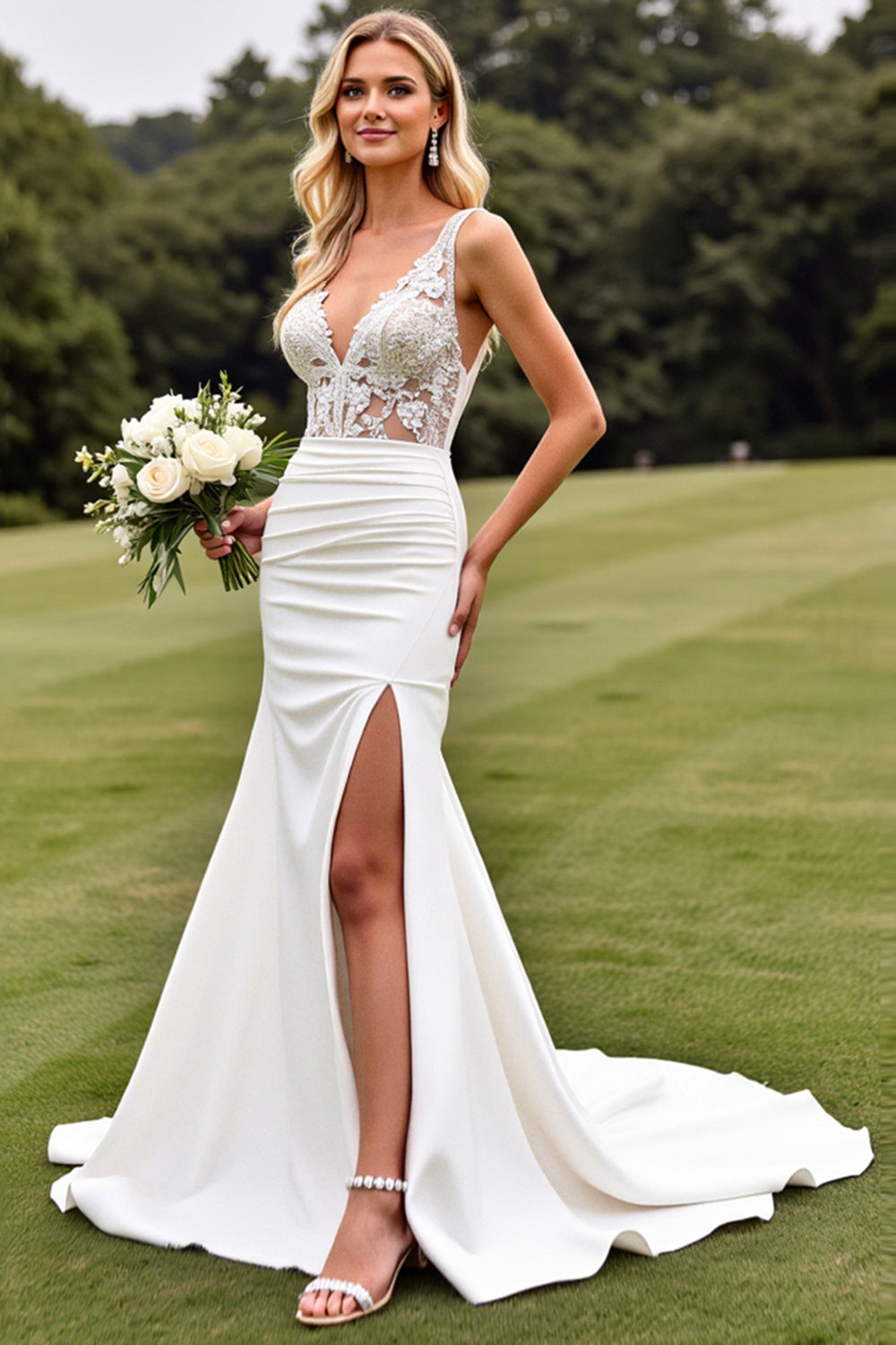 Ivory V Neck Sweep Satin Train Wedding Dress with Lace