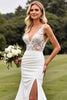 Load image into Gallery viewer, Ivory V Neck Sweep Satin Train Wedding Dress with Lace