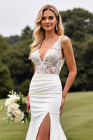 Load image into Gallery viewer, Ivory V Neck Sweep Satin Train Wedding Dress with Lace