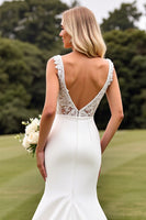 Load image into Gallery viewer, Ivory V Neck Sweep Satin Train Wedding Dress with Lace