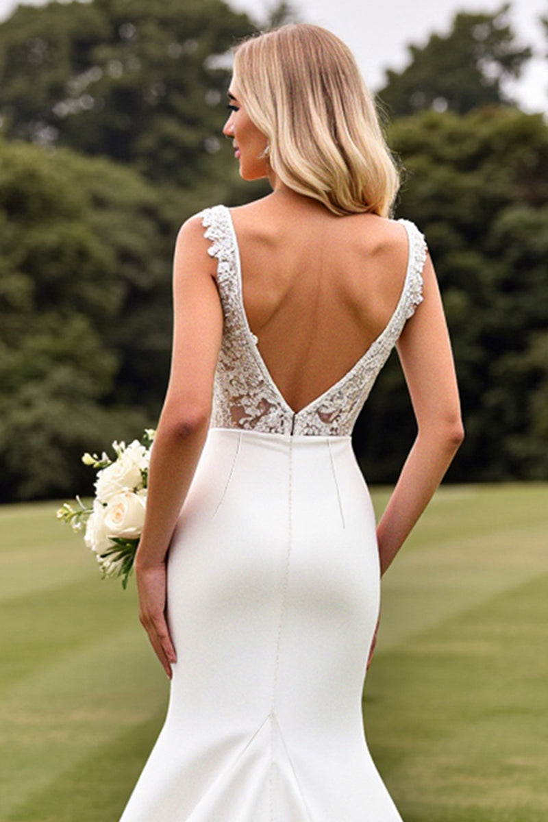 Load image into Gallery viewer, Ivory V Neck Sweep Satin Train Wedding Dress with Lace