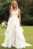 Load image into Gallery viewer, Ivory Satin Spaghetti Straps Sweep Train Boho Wedding Dress with Ruffles