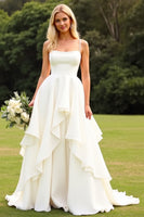 Load image into Gallery viewer, Ivory Satin Spaghetti Straps Sweep Train Boho Wedding Dress with Ruffles