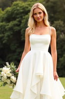 Load image into Gallery viewer, Ivory Satin Spaghetti Straps Sweep Train Boho Wedding Dress with Ruffles