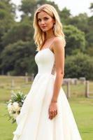 Load image into Gallery viewer, Ivory Satin Spaghetti Straps Sweep Train Boho Wedding Dress with Ruffles