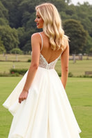 Load image into Gallery viewer, Ivory Satin Spaghetti Straps Sweep Train Boho Wedding Dress with Ruffles