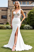 Load image into Gallery viewer, Ivory Satin V Neck Sweep Train Mermaid Wedding Dress with Lace