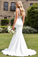 Load image into Gallery viewer, Ivory Satin V Neck Sweep Train Mermaid Wedding Dress with Lace