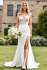 Load image into Gallery viewer, Ivory Satin V Neck Sweep Train Mermaid Wedding Dress with Lace