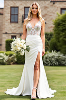 Load image into Gallery viewer, Ivory Satin V Neck Sweep Train Mermaid Wedding Dress with Lace