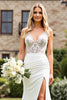 Load image into Gallery viewer, Ivory Satin V Neck Sweep Train Mermaid Wedding Dress with Lace