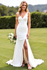 Load image into Gallery viewer, Ivory Satin V Neck Sweep Train Mermaid Wedding Dress with Slit