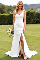 Load image into Gallery viewer, Ivory Satin V Neck Sweep Train Mermaid Wedding Dress with Slit