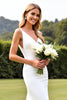 Load image into Gallery viewer, Ivory Satin V Neck Sweep Train Mermaid Wedding Dress with Slit
