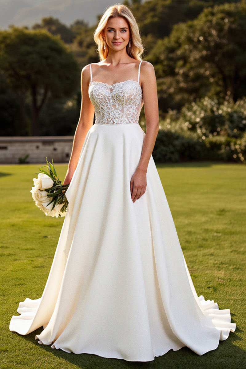 Load image into Gallery viewer, Ivory Satin Spaghetti Straps Sweep Train Boho Wedding Dress with Lace