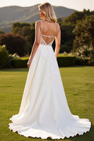 Load image into Gallery viewer, Ivory Satin Spaghetti Straps Sweep Train Boho Wedding Dress with Lace