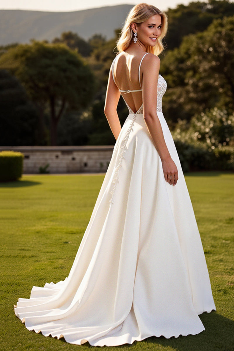Load image into Gallery viewer, Ivory Satin Spaghetti Straps Sweep Train Boho Wedding Dress with Lace