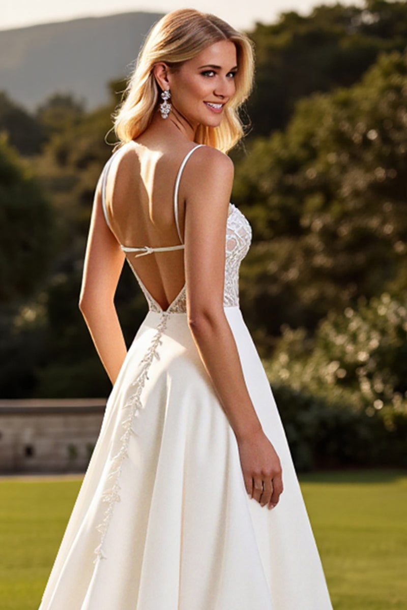 Load image into Gallery viewer, Ivory Satin Spaghetti Straps Sweep Train Boho Wedding Dress with Lace
