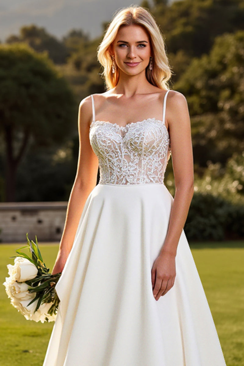 Load image into Gallery viewer, Ivory Satin Spaghetti Straps Sweep Train Boho Wedding Dress with Lace