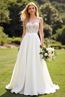 Load image into Gallery viewer, Ivory Satin Sweep Train Spaghetti Straps Boho Wedding Dress with Lace