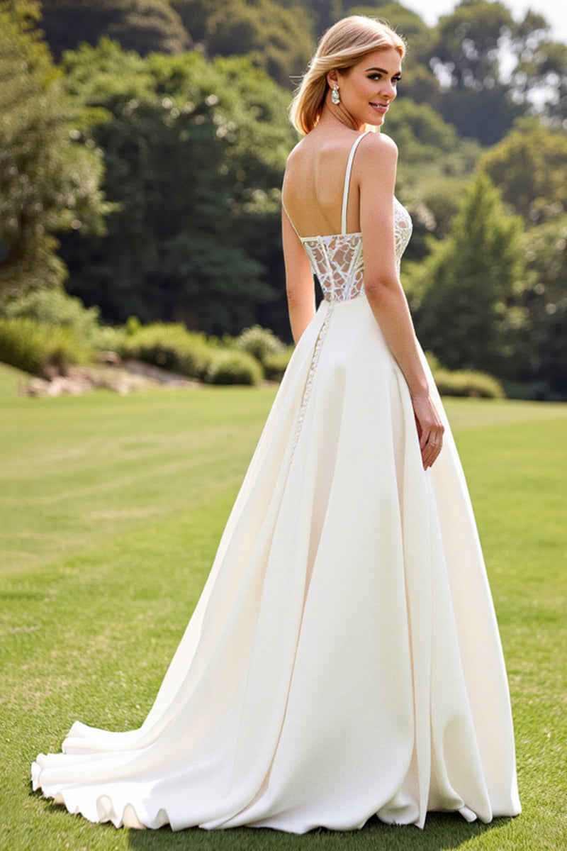 Load image into Gallery viewer, Ivory Satin Sweep Train Spaghetti Straps Boho Wedding Dress with Lace