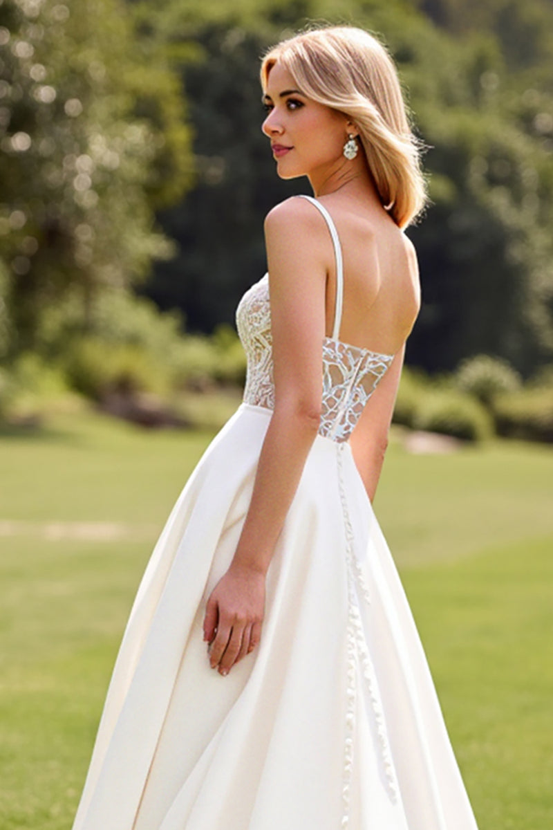 Load image into Gallery viewer, Ivory Satin Sweep Train Spaghetti Straps Boho Wedding Dress with Lace